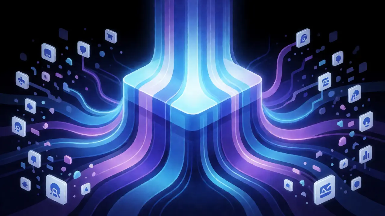 Abstract digital network showing large platforms consolidating power over independent creators.