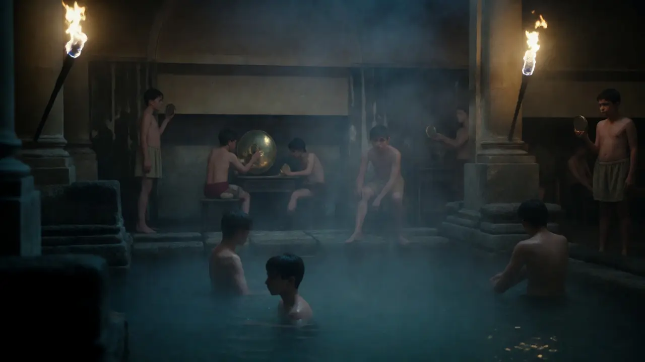 Adolescent boys grooming and applying oils in a steamy, torch-lit Roman public bathhouse at night.