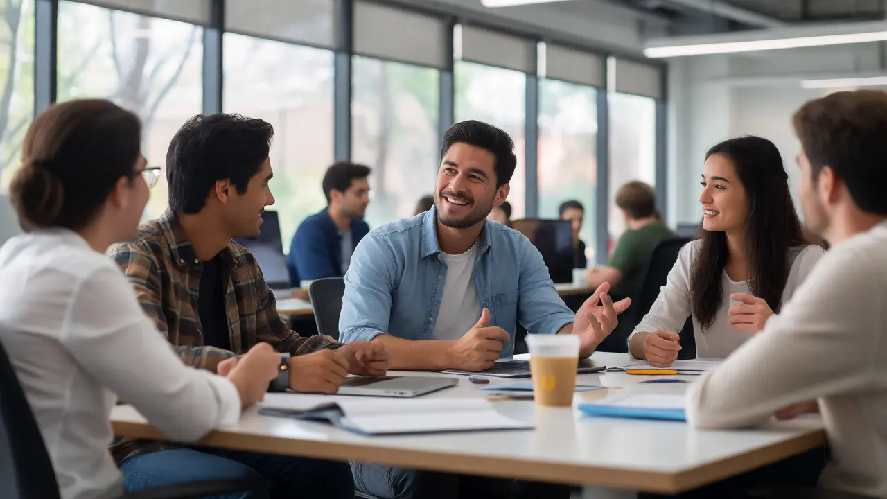 An engineer confidently discussing his husband with colleagues in a bright, modern office setting.