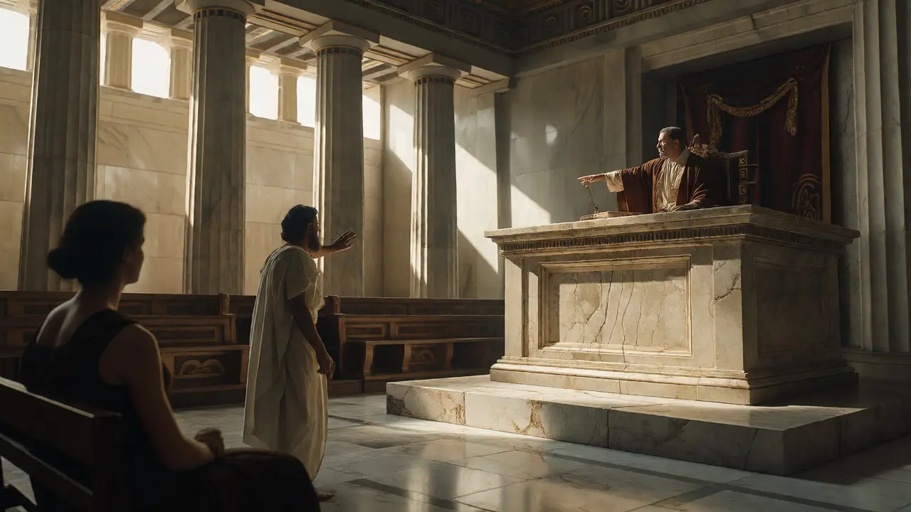 Ancient Athenian court scene where a man argues case while woman watches silently.