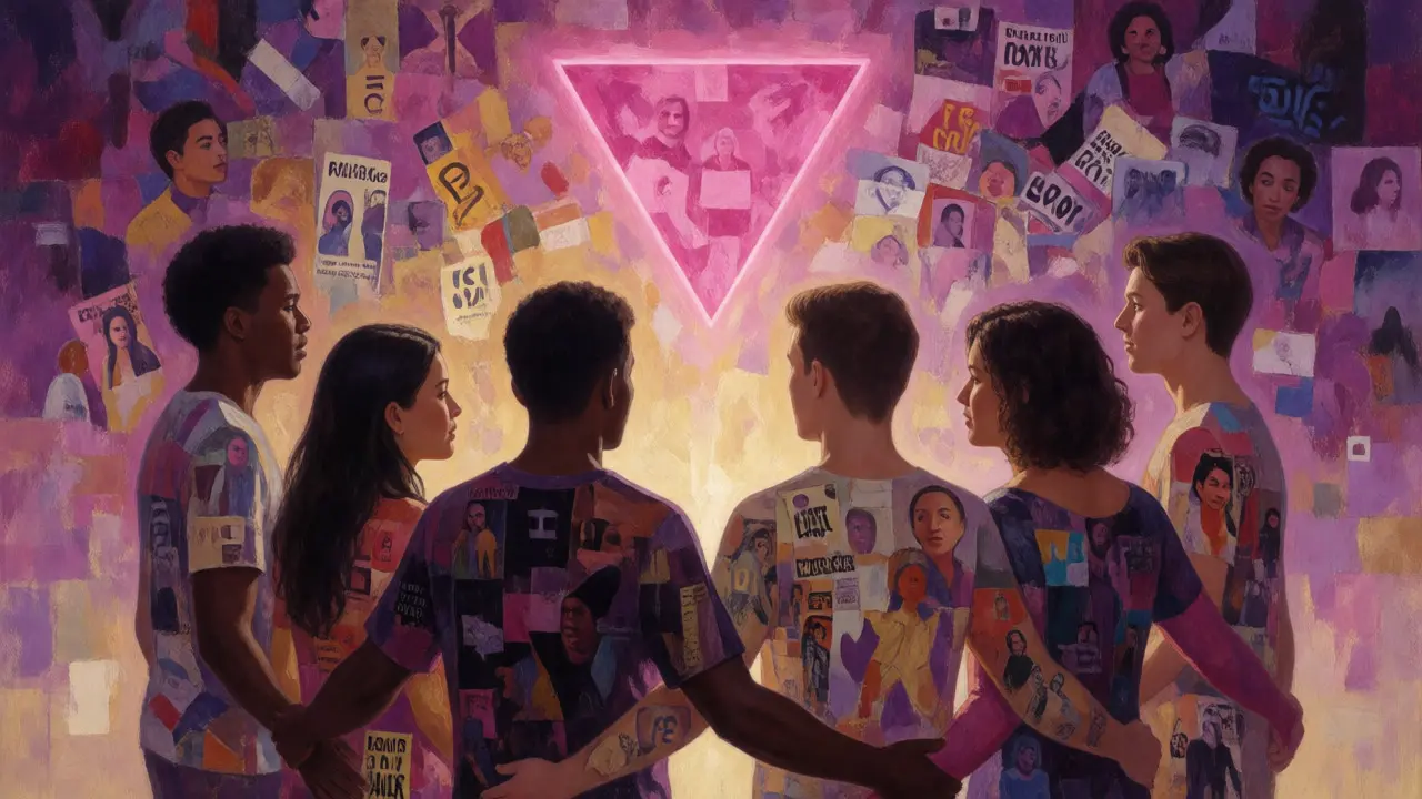 Artistic collage of diverse LGBTQ+ figures forming a circle under a glowing pink triangle, symbolizing unity.