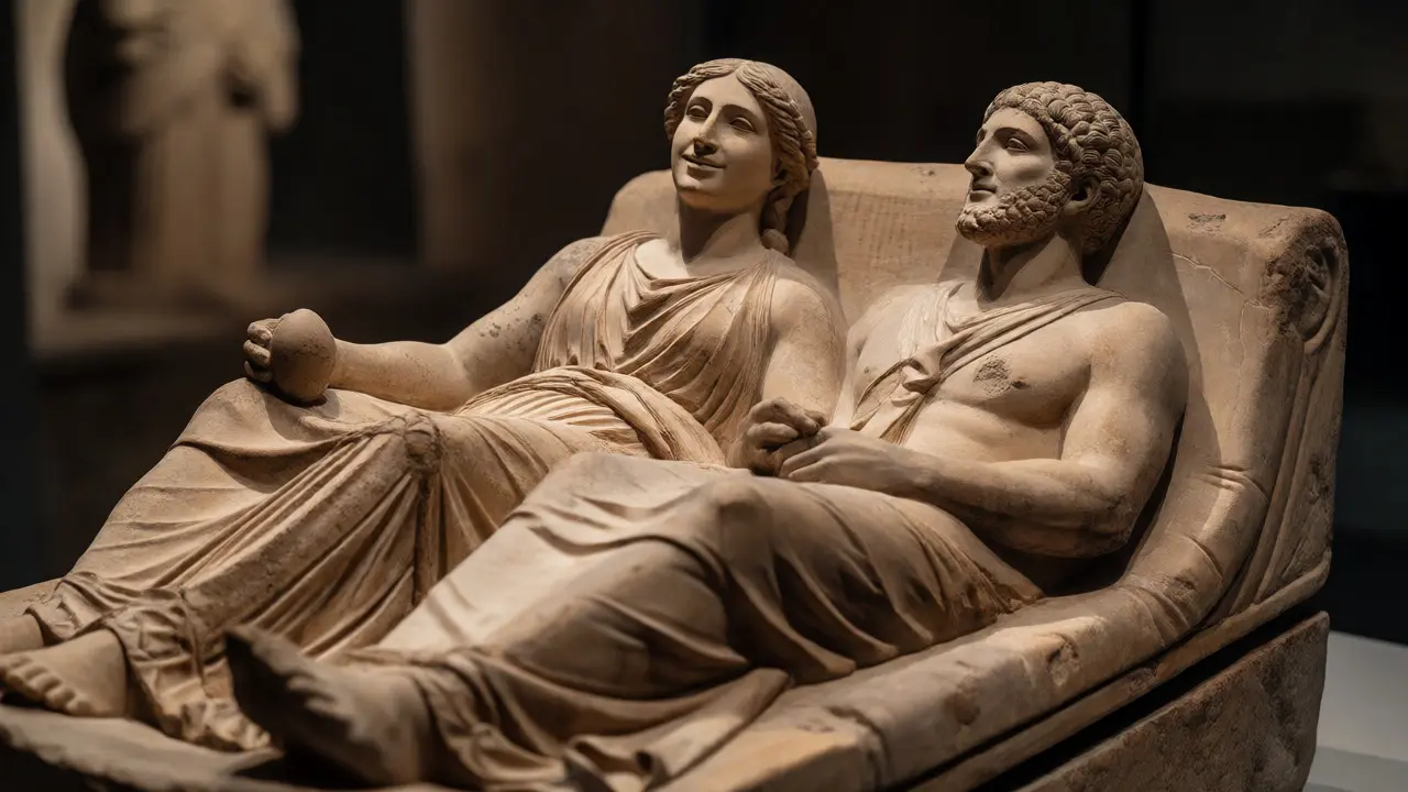 Close-up of the Sarcophagus of the Spouses showing a couple reclining together as equals.
