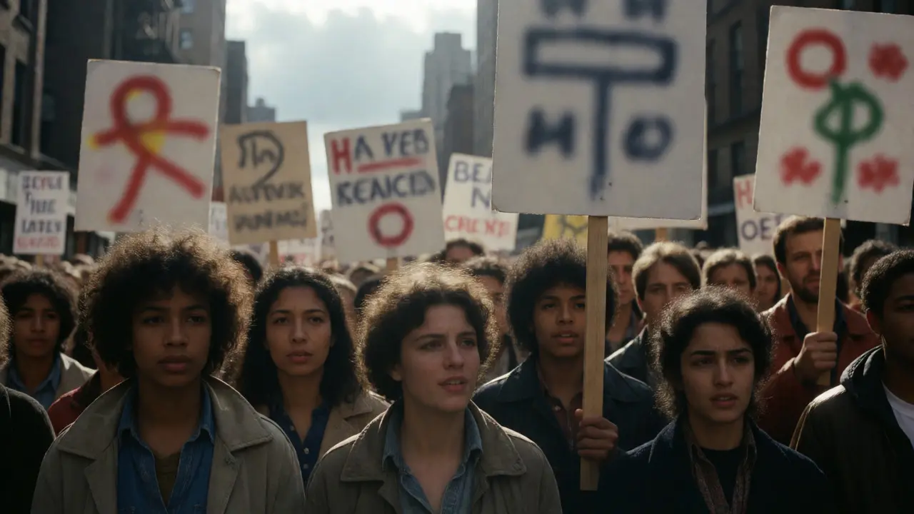 Community activists protesting in 1980s NYC street march