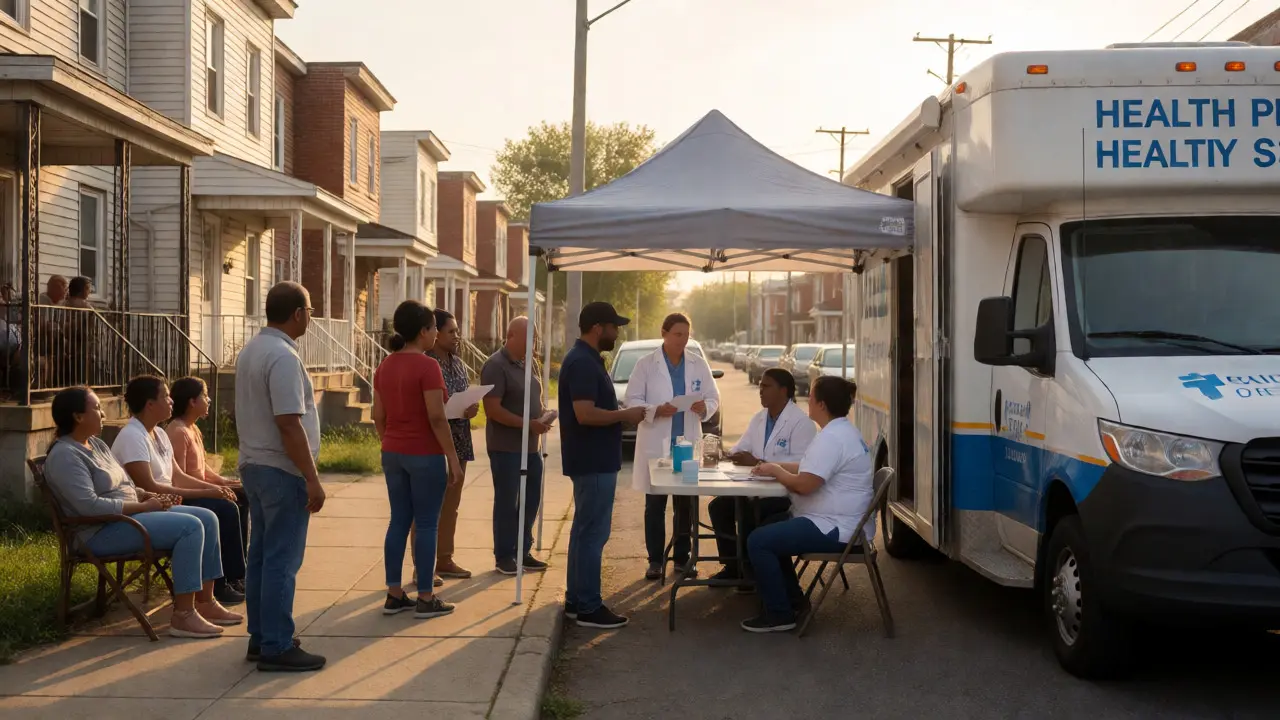 Community members accessing HIV prevention services at a mobile health outreach unit.