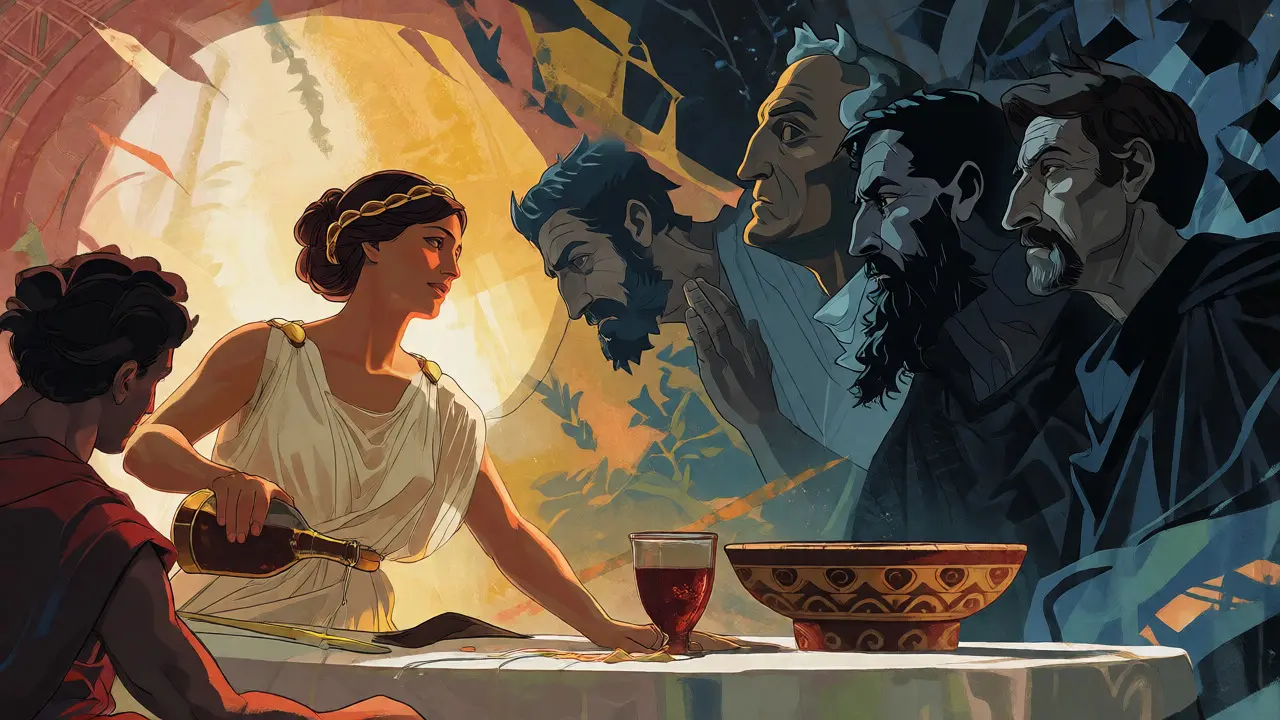 Conceptual art contrasting a free Etruscan woman with shadowy, judging Greek and Roman figures.