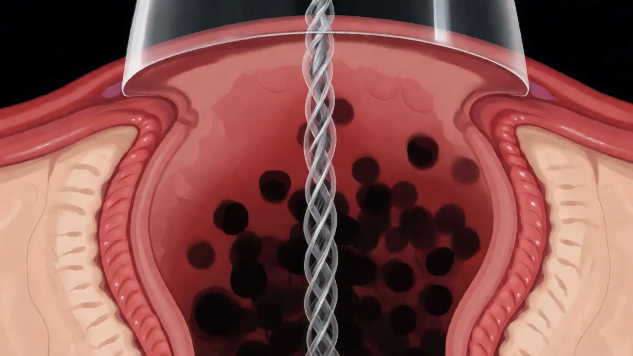 Conceptual art showing bacteria traveling up the multifilament IUD string