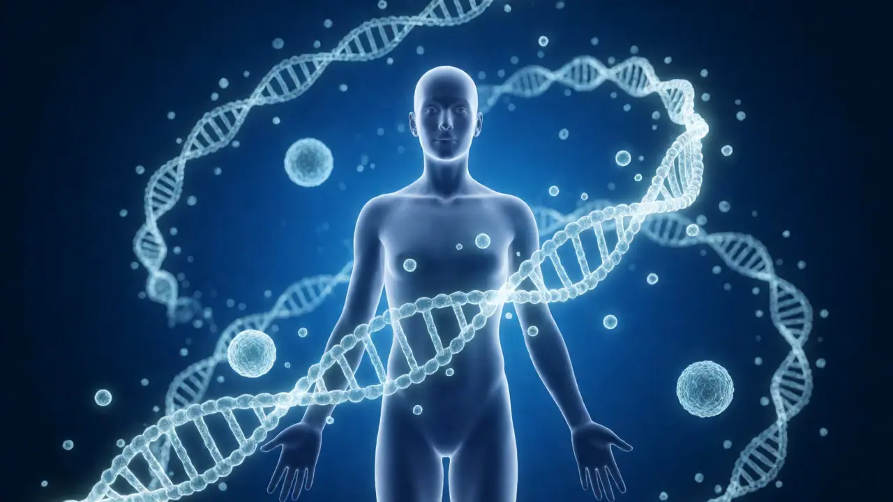 Conceptual visualization of mRNA technology training the immune system for HIV protection.