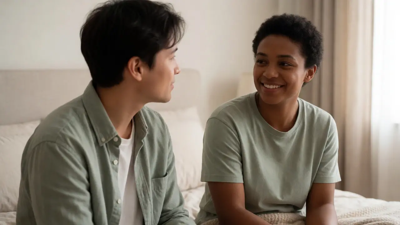 Couple communicating intimately in a bedroom, showing clear mutual agreement.
