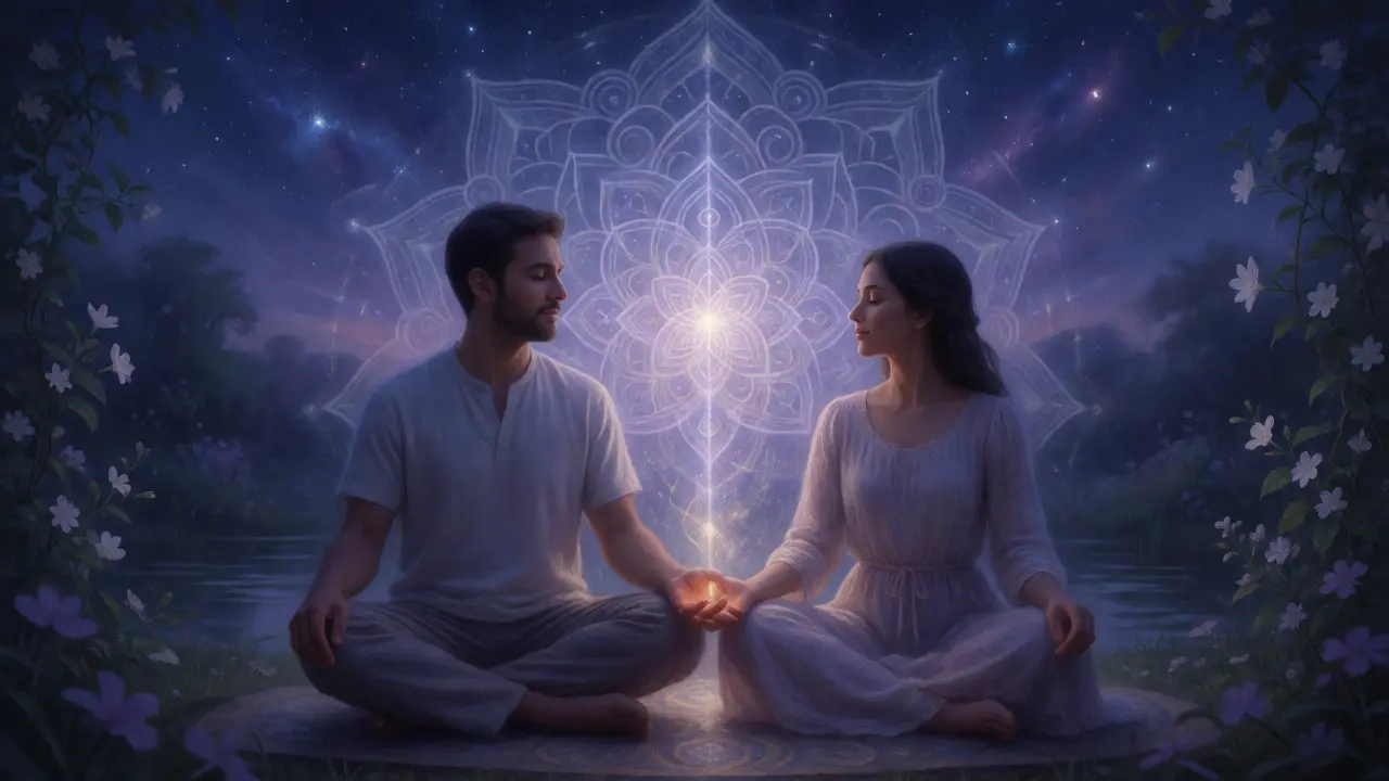Couple meditating together under a starry sky, symbolizing spiritual union