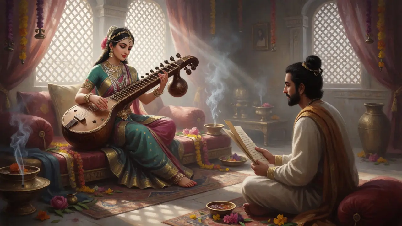 Courtesan playing veena while conversing with a scholar in a decorated room
