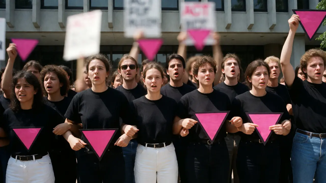 Diverse group of ACT UP activists protesting outside a government building, holding inverted pink triangles.