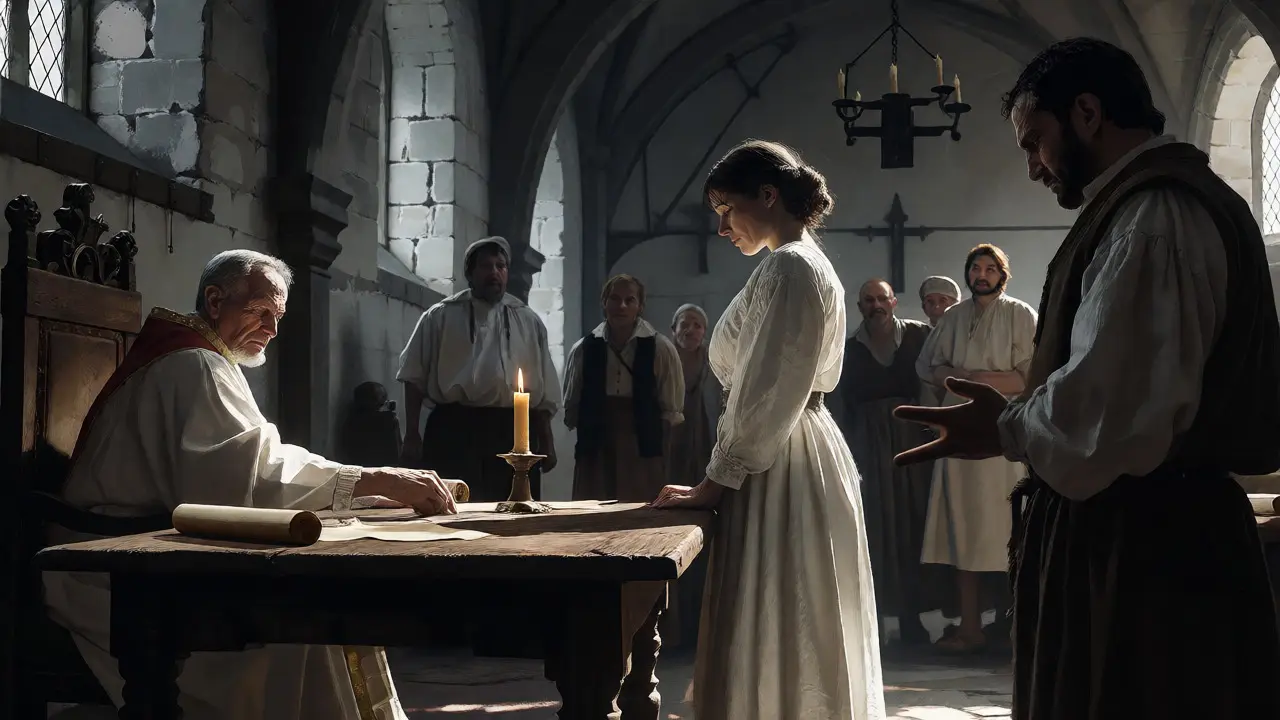 Ecclesiastical court hearing a dispute over a secret marriage vow amidst skeptical community witnesses.
