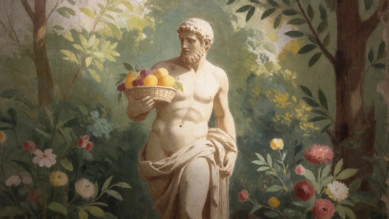 Fresco of Priapus in a Pompeian garden, serving as a protective talisman against bad luck.
