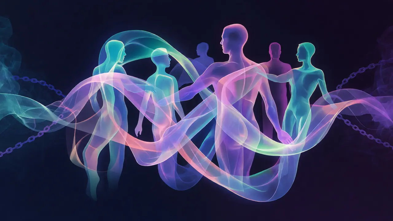 Glowing abstract human forms intertwined, representing bodily autonomy.