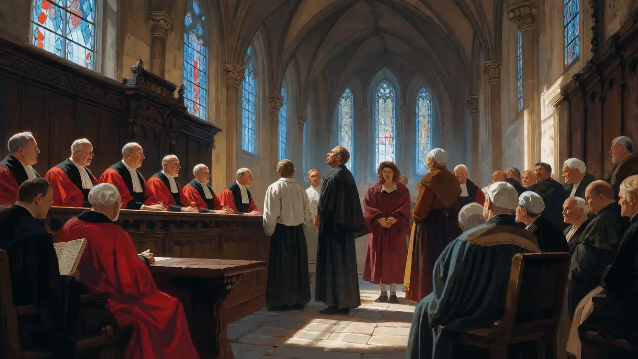 Medieval impotence trial with judges and examiners inspecting a husband in a gothic hall.