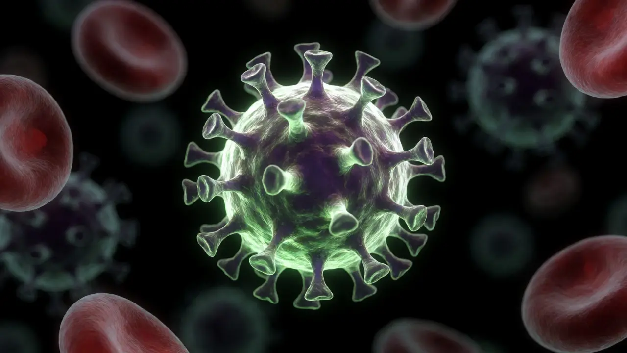 Microscopic view of HIV virus particle with immune cells