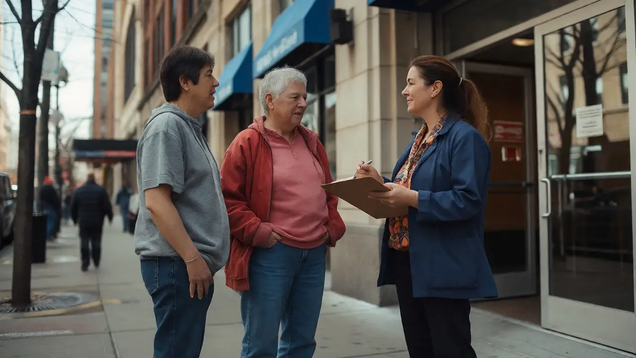 Sex workers conversing calmly with a health provider on a city street.