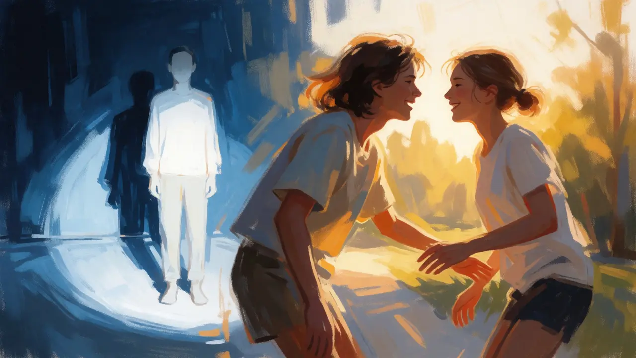 Split scene contrasting a frozen figure in cold light with a warmly lit, engaged couple.