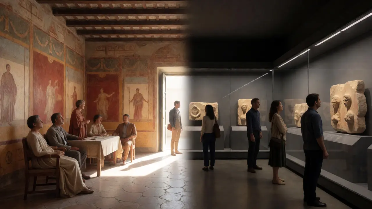 Split view contrasting open Roman display of erotic art with modern museum censorship.