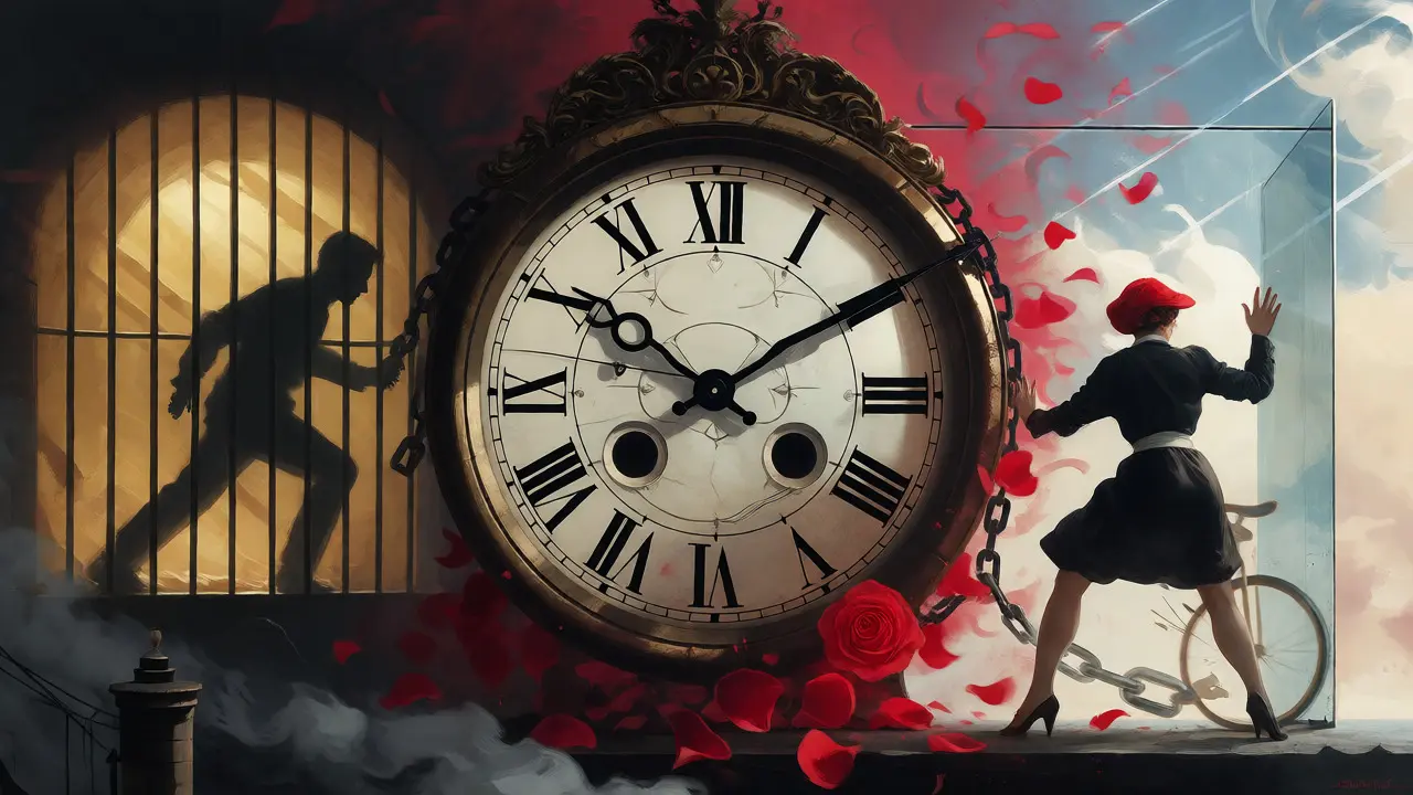 Surreal artwork showing a man breaking free and a woman pushing against a glass barrier.