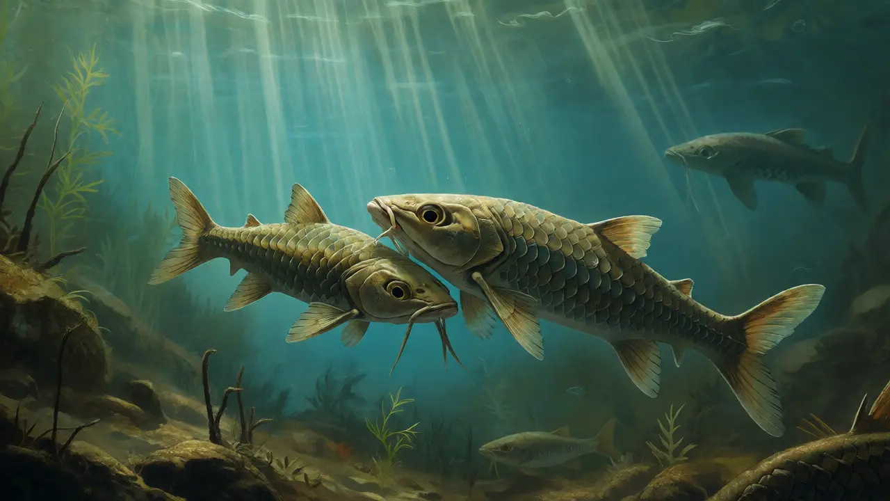 Two Microbrachius fish mating in a Devonian sea