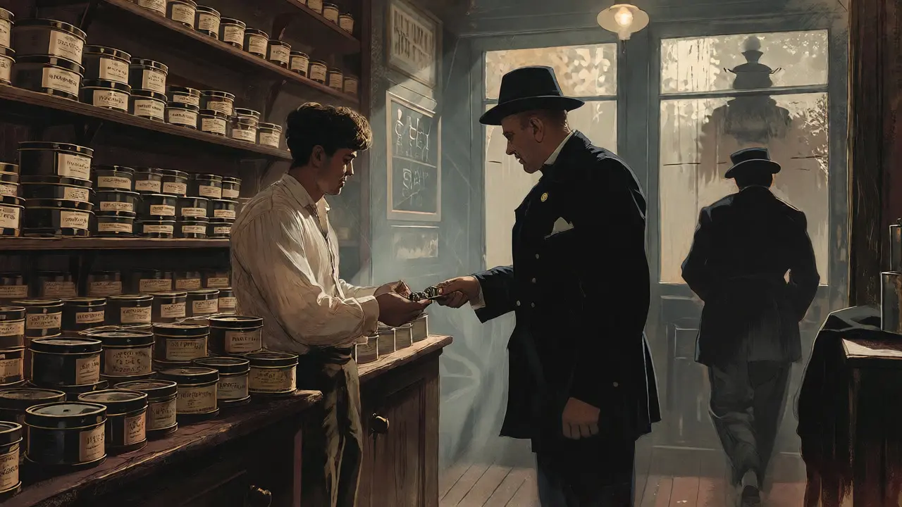 Underground exchange of film reels in a smoky Victorian pub