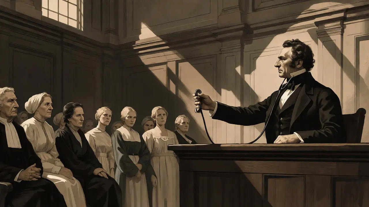 Victorian courtroom scene with doctor challenging midwives' testimony
