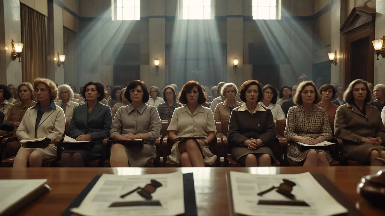Women attending a 1970s legal hearing regarding medical device safety